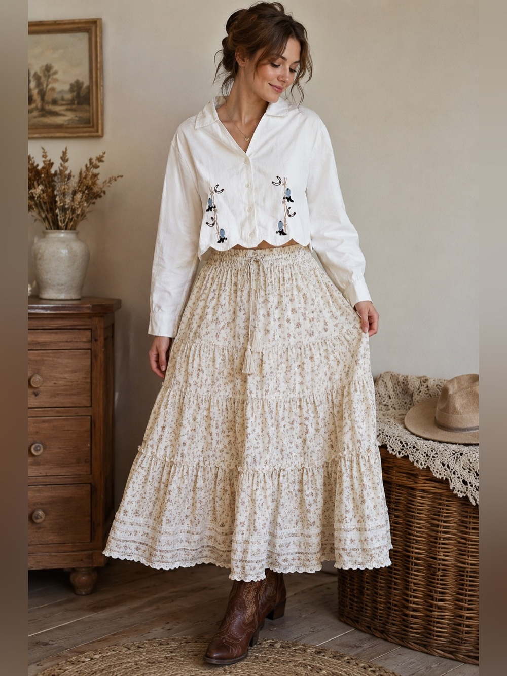 Adobe Rose NWT Western Embroidered Crop Shirt M White Cowboy Boots Horseshoe Top